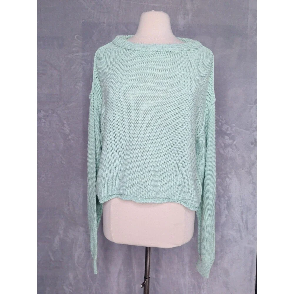 WE THE FREE Green Cropped Open Knit Sweater Size S Beachy Slouchy Preppy Boho